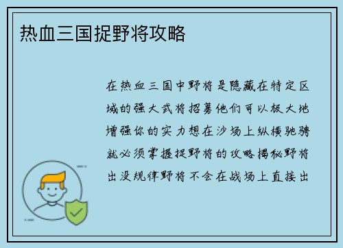 热血三国捉野将攻略